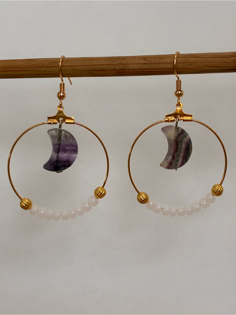 💜Handcrafted Celestial Gold Hoop Earrings with Purple Moons and Quartz Beads💜
